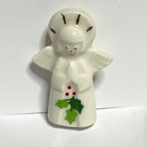VTG Clay Ceramic Angel w/Halo Christmas Brooch Pin Holly Berries 1.5"x1"